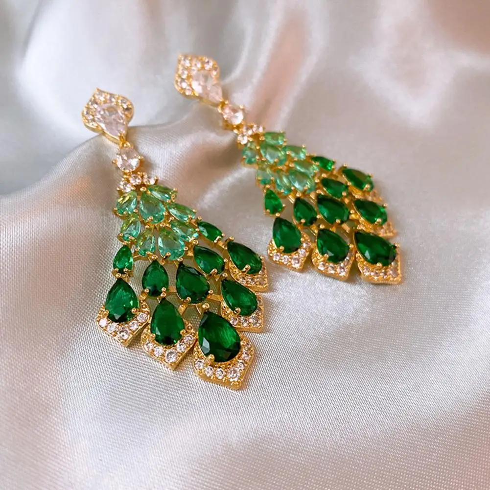 Fashion Drop Earrings Faux Green Crystal Feather Shape Elegant Vintage