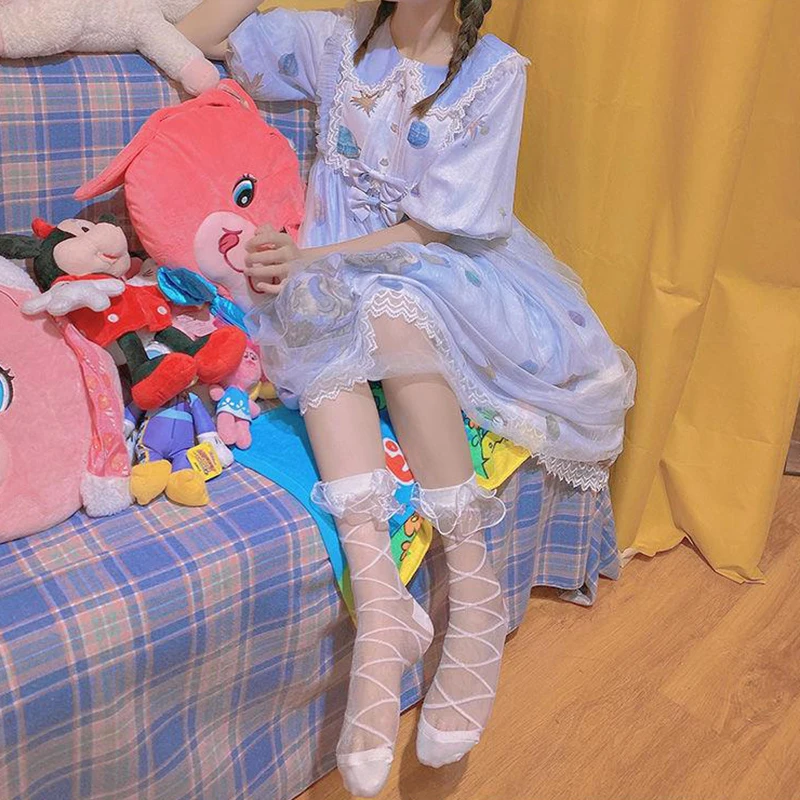 

Женские прозрачные сетчатые носки Lairauiy 2000s Y2K в стиле сладкой Лолиты с перекрестными узорами прозрачные тюлевые носки