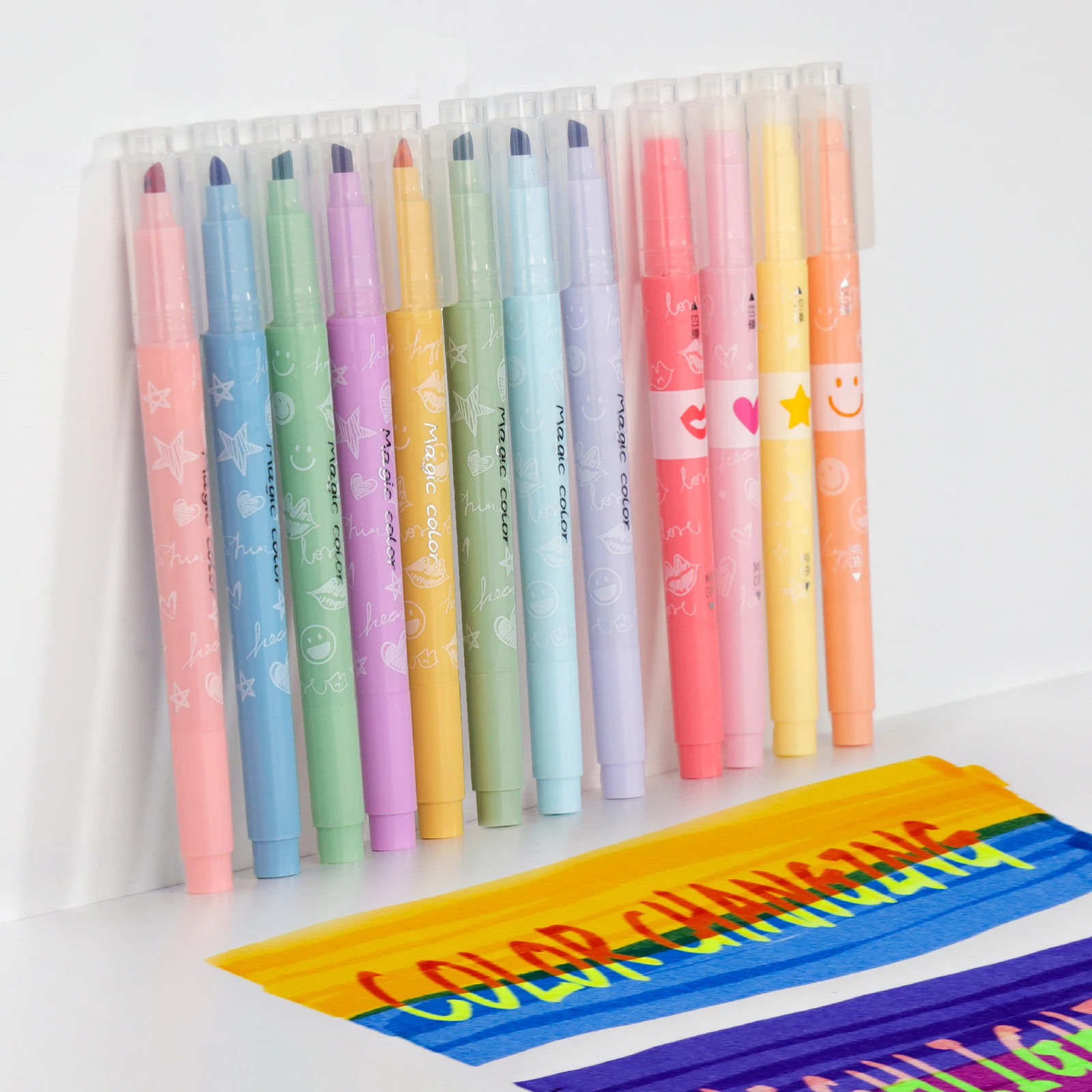 6/12pcs Stamp Marker Pens Cute Novelty Color Changing Magic Colored Highlighter Pen Set Dual-Tip Art Drawing Markers for Journal