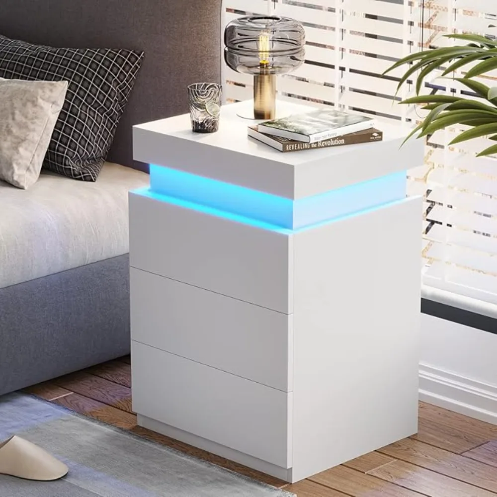 Nightstand with Charging Station and LED Lights,Night Stand with Sliding Top for Bedroom,Bedside Table with Drawers 4