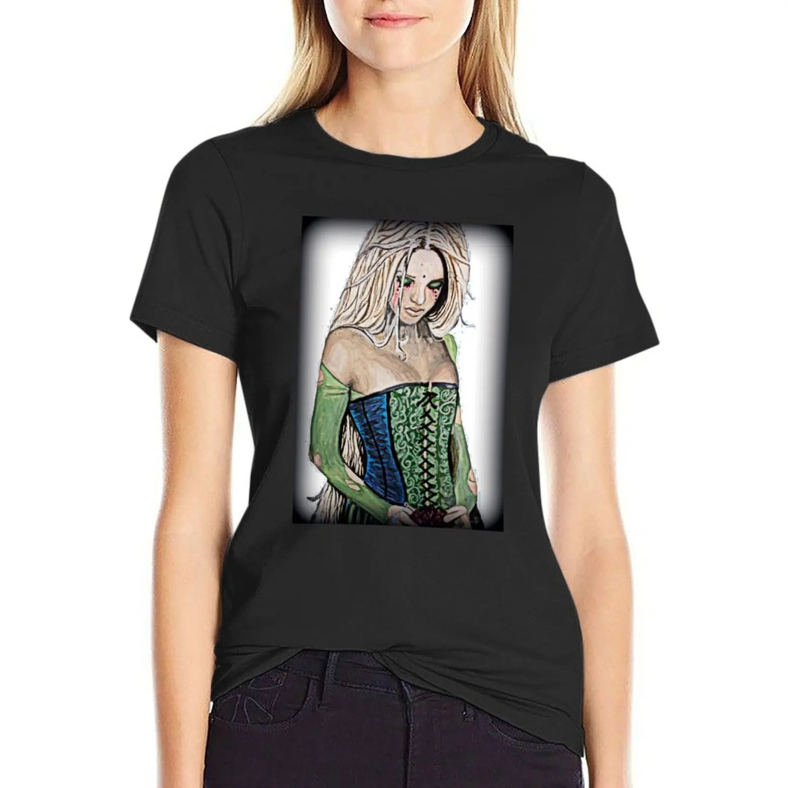 Mysterious Woman in a Green Dress T-Shirt summer clothes animal print oversized Women t shirt