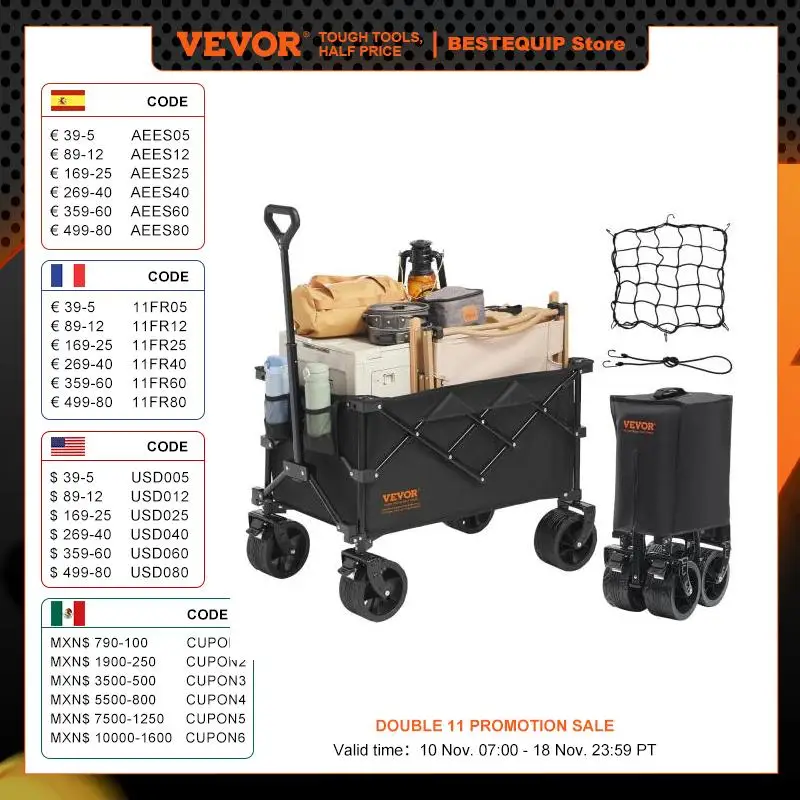 VEVOR Collapsible Folding Wagon Beach Wagon Cart with All-Terrain Wheels Drink Holders Sports Wagon for Camping Shopping Garden