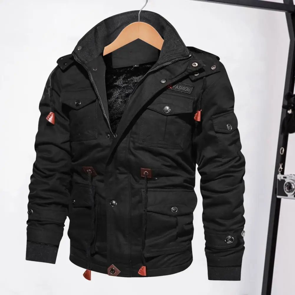 MenWinterJacketZipperButtonClosureThickenedPlushInnerTacticalCottonCoatsWindproof