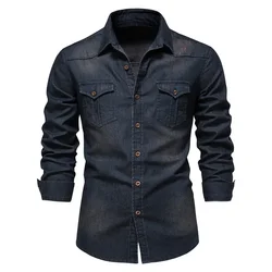Men's Elastic Cotton Denim Shirt - Long Sleeve Casual Slim Fit Designer Shirt - USA XXL 90 - 100 kg (Navy)