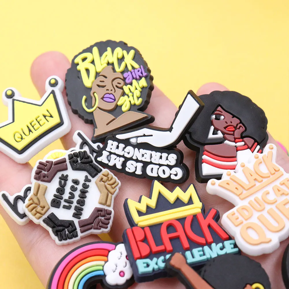 PVC shoe charms featuring bold girl power icons, female silhouettes, mom life quotes, and pop culture women for clogs or bags