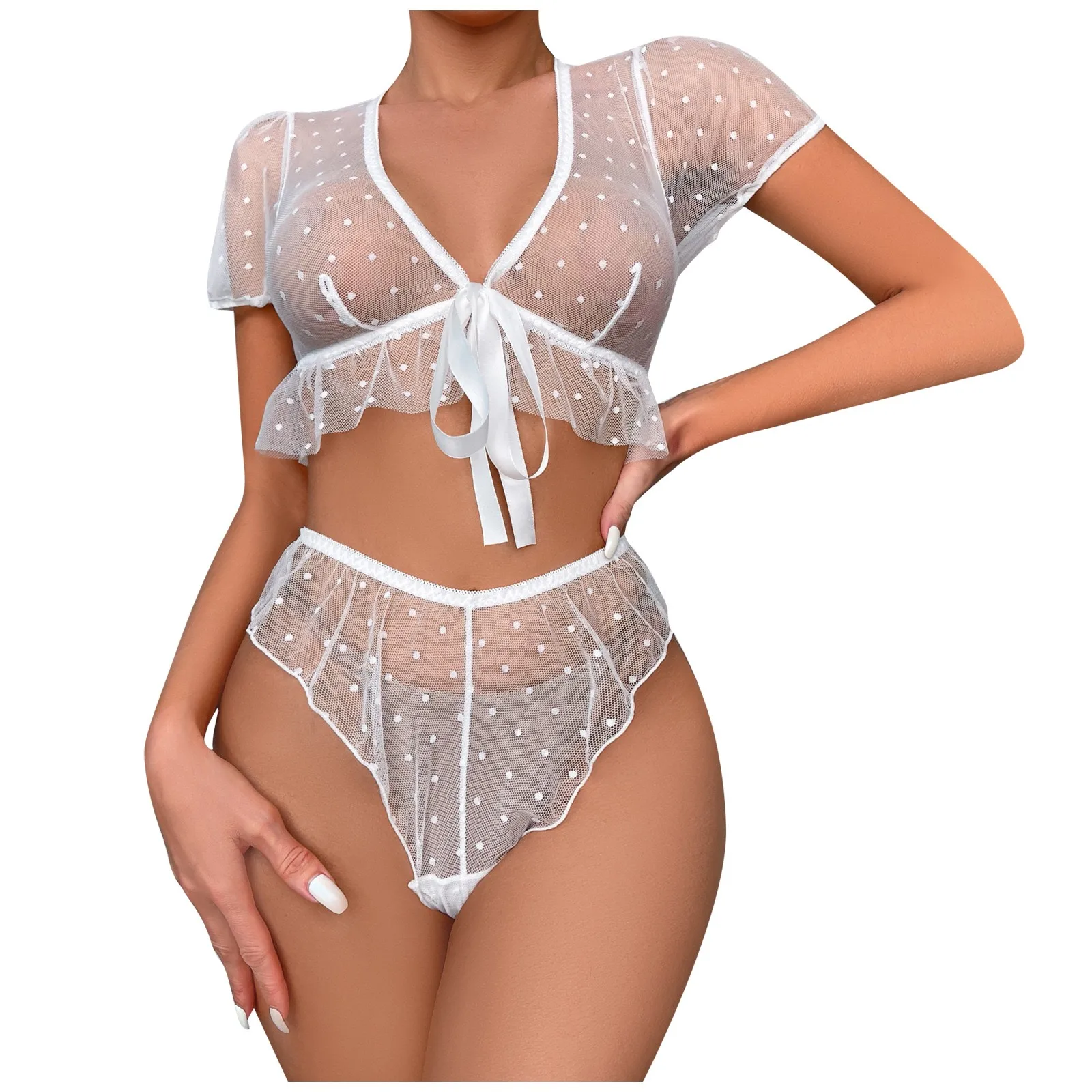 

Hot And Sexy Two Piece Girls' Fun Underwear Charming Women's Mesh Dot Set Transparent Bodysuit Nightie Gown Intimates Lenceria