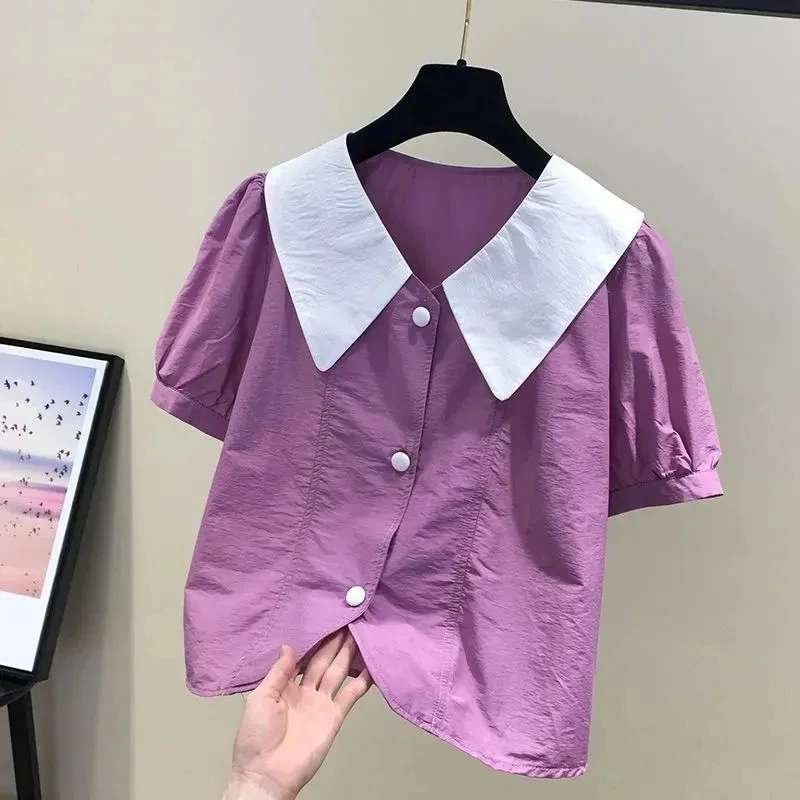 

Sweet College Style Contrast Color Big Doll Collar Shirt for Women 2024 Summer New Age-reducing Single-breasted Top Female