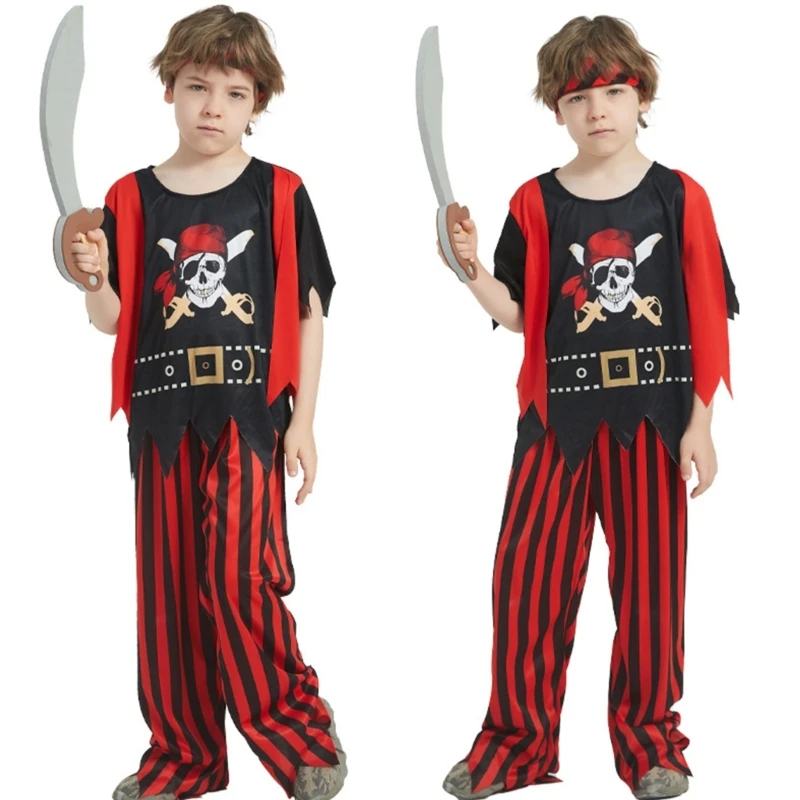 

Boys Pirate Costume Role Play Set for Halloween Parties Cosplay-Events Pirate Costume Striped Trousers Short Sleeves Top