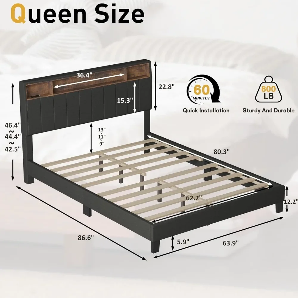 Queen Bed Frame With Storage Headboard Upholstered With Built in Charging Station & LED Dark Grey Platform Bed Frame bed frame