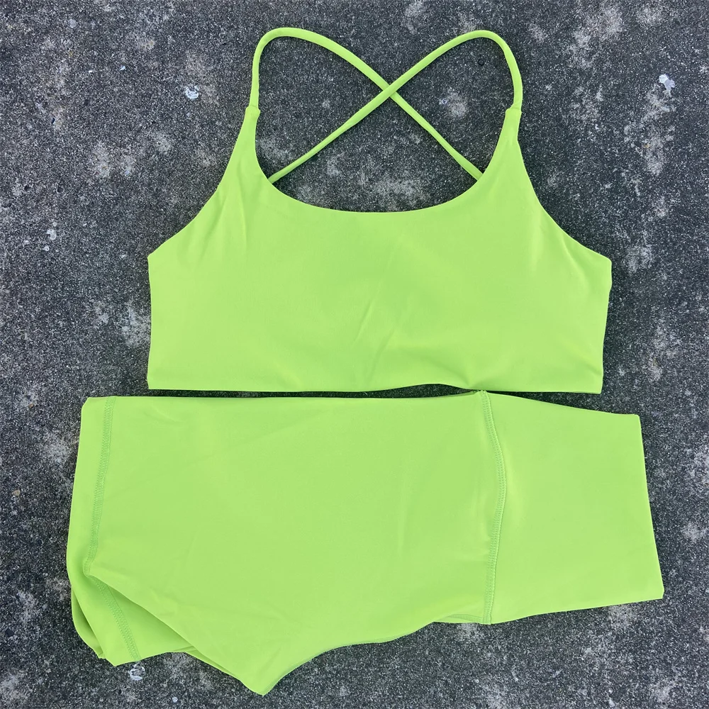 Solid Color Soft Gym Yoga Set Short Legging +Cross Back Sport Bra Tracksuit Women Gym Suit Comprehensive Training Jog Athletic 2