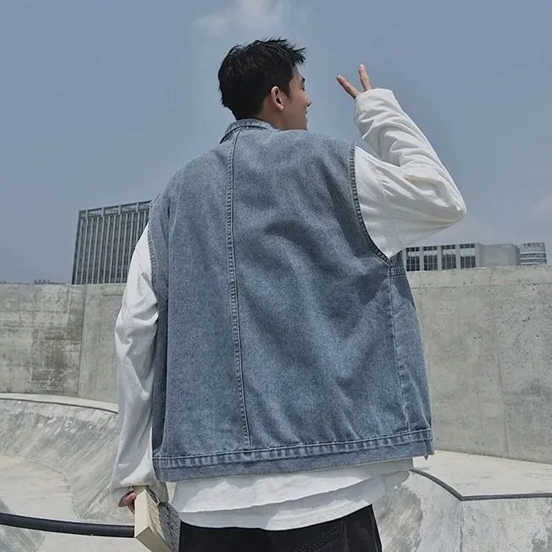 2024 New Spring And Autumn Polo Collar Vest Denim Coat Fashion Men's High Quality Thin Loose Single Breasted Jacket Tank Top