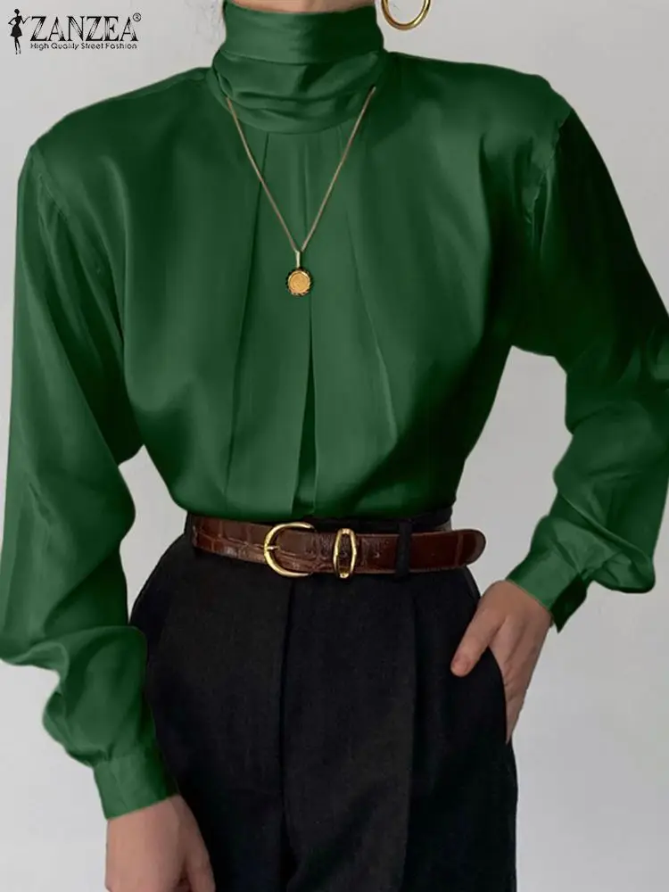 ZANZEA Streetwear Pleated High Collar Blusa Satin Silk Women Chemise Chic Buttons Blouse 2023 Fashion Long Sleeve Elegant Shirts