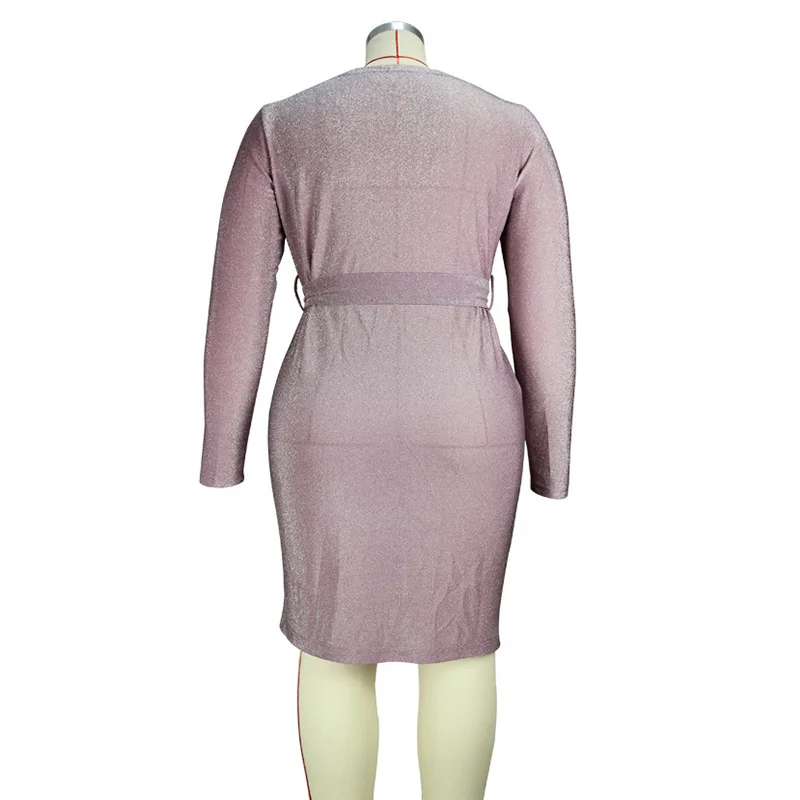 Evening Party Sexy Solid Deep V-neck Bright Silk Long Sleeve Irregular Bag Hip Pleated Spring Plus Size Slim Dress for Women