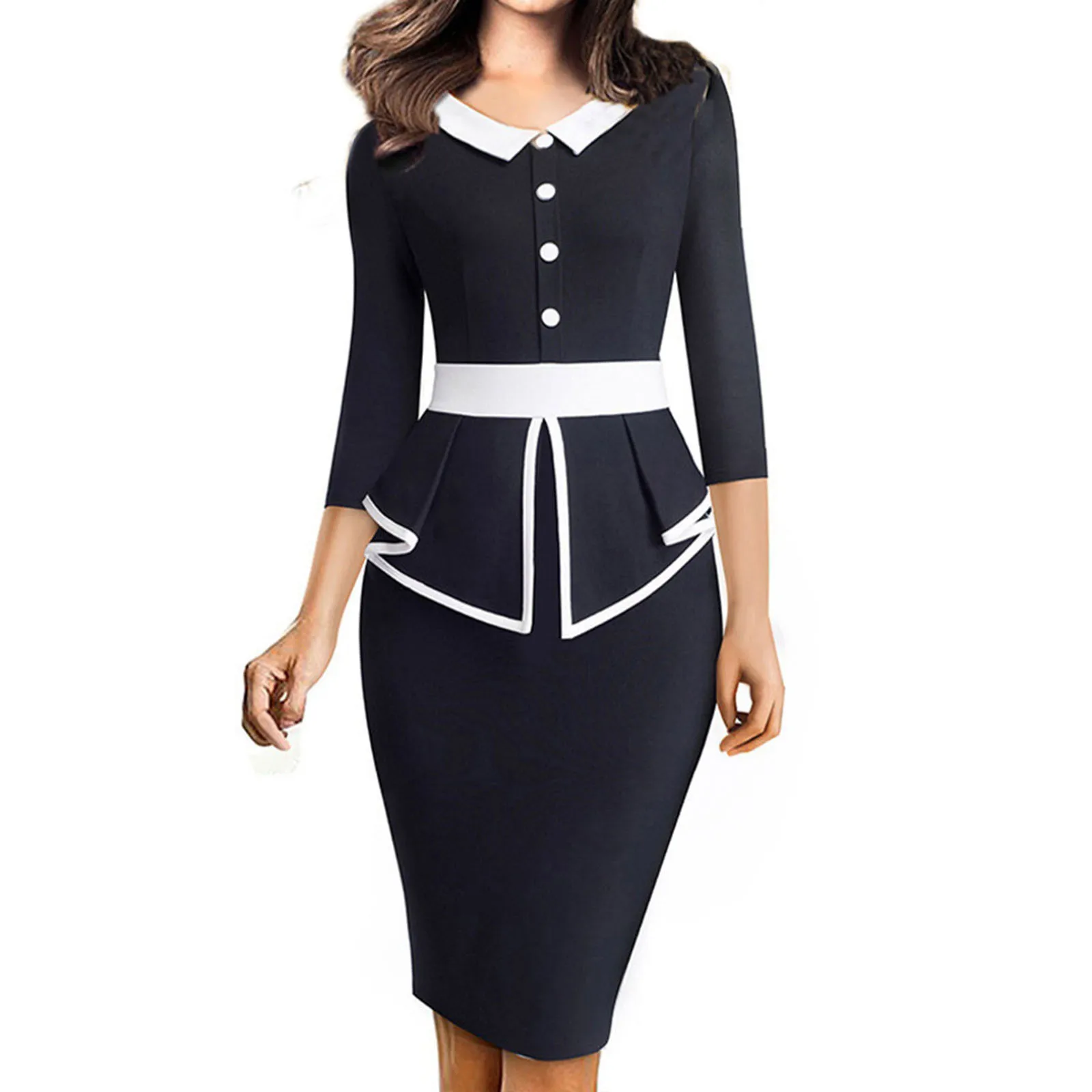 

Women's Elegant Seven Points Sleeve Ruffle Round Neck Dress Office Lady Commuter Dress Slim Fit Waisted Package Hip Dresses