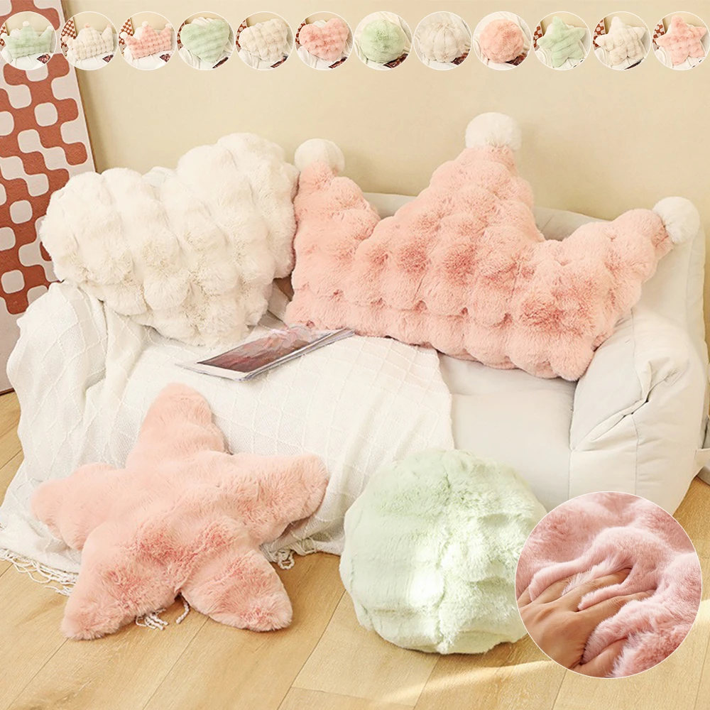 Pink/Green/White Crown Pillow Soft Backrest Pillow Heart-Shaped Rabbit Fur Skin-Friendly for Bedroom Household Supplies