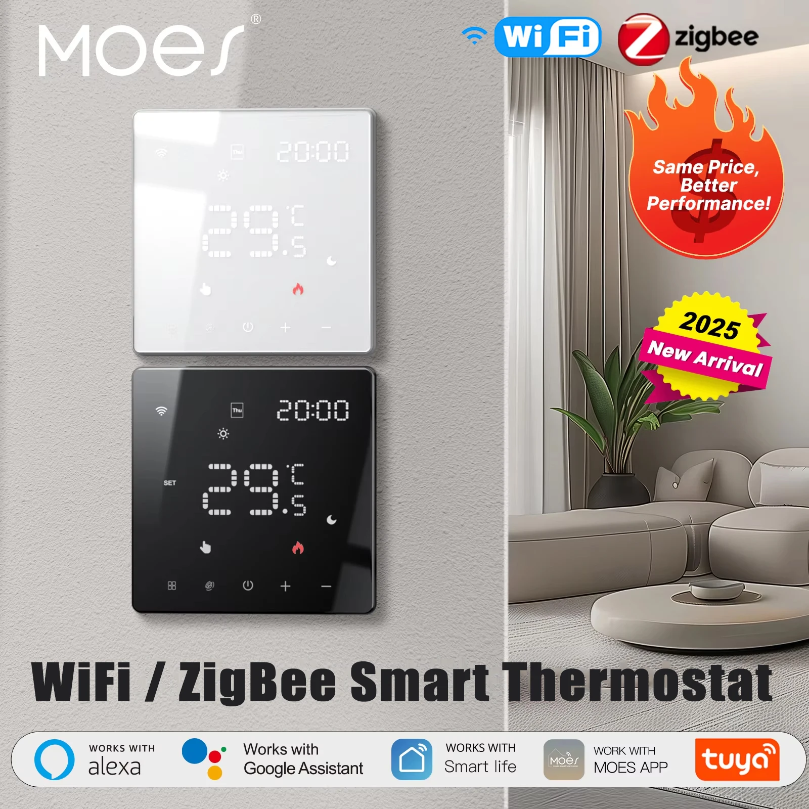 เทอร์โมสตัทอัจฉริยะ MOES Tuya ZigBee/WiFi ควบคุมอุณหภูมิสำหรับหม้อต้มน้ำ แก๊ส และเครื่องทำความร้อนไฟฟ้า ใช้งานร่วมกับ Alexa และ Google Home ได้ 1