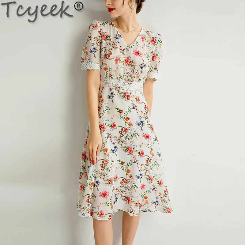 

Tcyeek 100% Mulberry Silk Dress High-end Midi Dress Print Summer Women's Dress Elegant Dresses for Women 2024 Lace Splicing 원피스