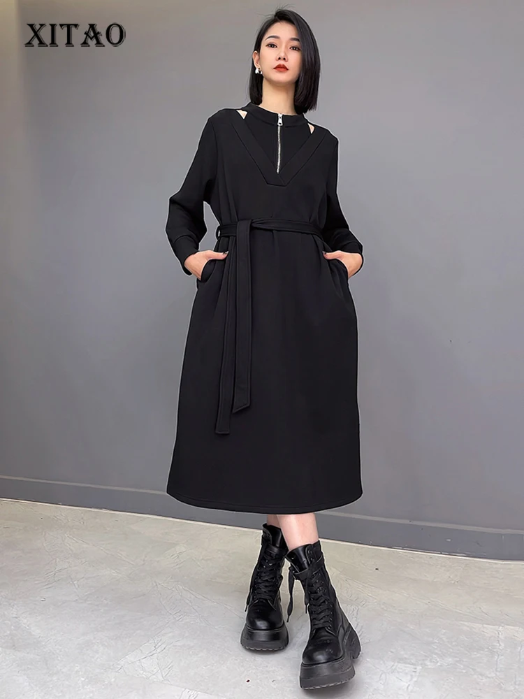 

XITAO Casual Hollow Out Female Dress Personality Zipper Loose O-neck Long Sleeve Women Spring New Trend Street Dress HQQ2213