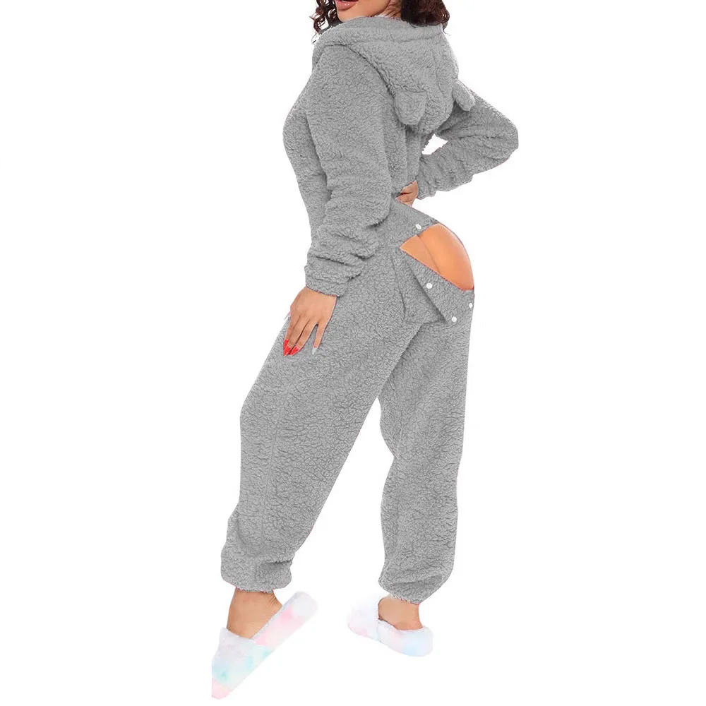 Women Jumpsuit Long Sleeve Pajama Zipper Hooded Jumpsuit Casual Winter Warm Sleepwear Sexy Butt Button Back Flap Home Clothing women jumpsuit women bodysuit sleep wear set