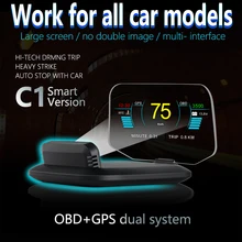 Affichage miroir de voiture C1 HUD, LED OBDII + GPS, double Mode, compteur de vitesse, système de projecteur, Kit d'alarme de survitesse, accessoires de voiture