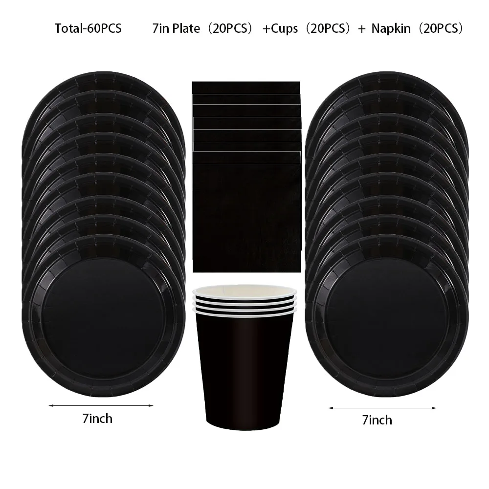 Black Birthday Party Tableware Set - 20-Piece Disposable Plates Cups Paper and Tablecloth