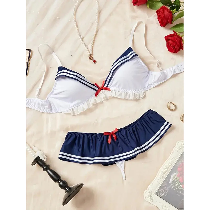 Érotique Sexy étudiant uniforme soutien-gorge et culotte ensemble sous-vêtements soutien-gorge Transparent ensembles exotiques Sexy string femme porno Lingerie femmes Costume
