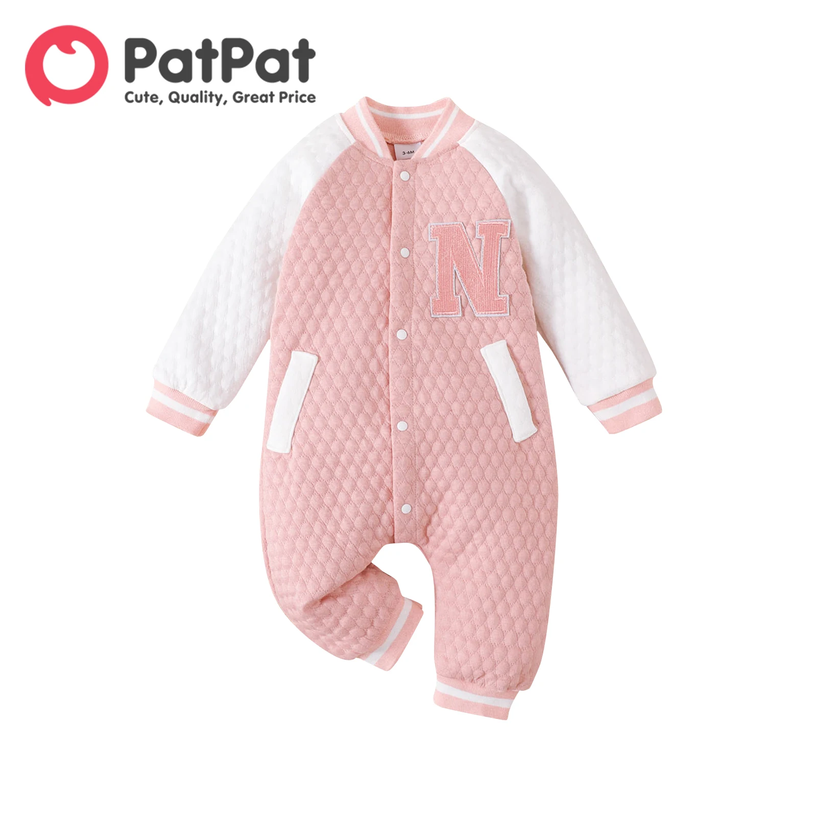 PatPat Baby Girl Letter Design Colorblock Raglansleeve Quilted Button