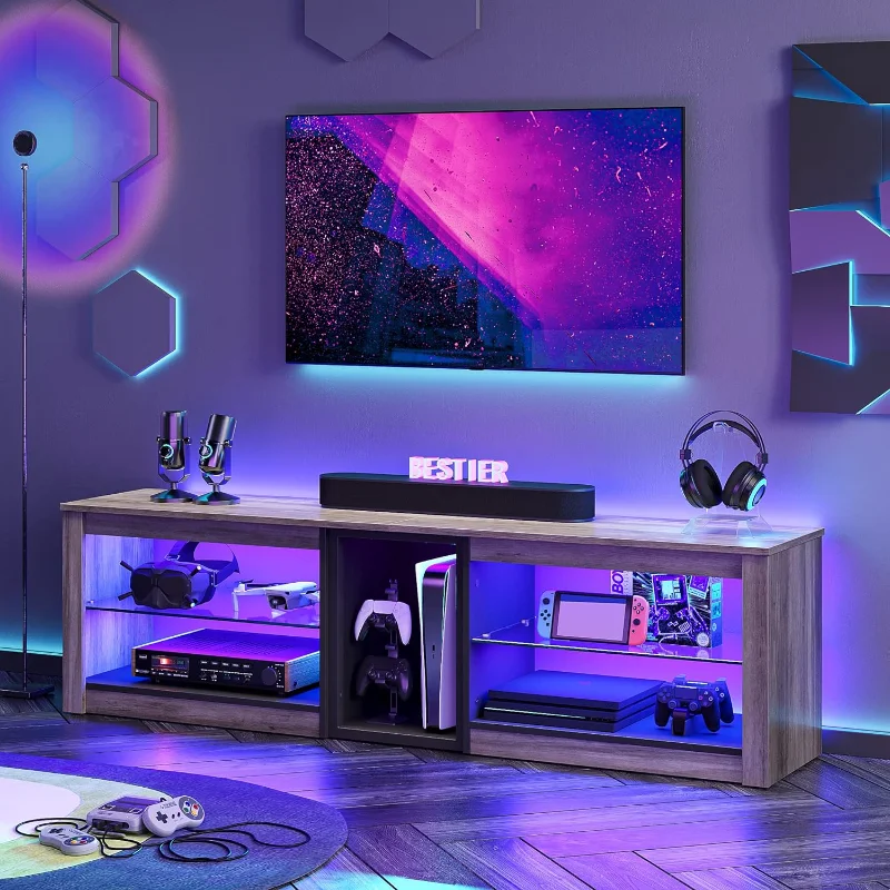 

Bestier TV Stand for 70 inch TV, Gaming Entertainment Center for PS5, LED Cabinet with Glass Shelves for Living Room, 63'' Inch
