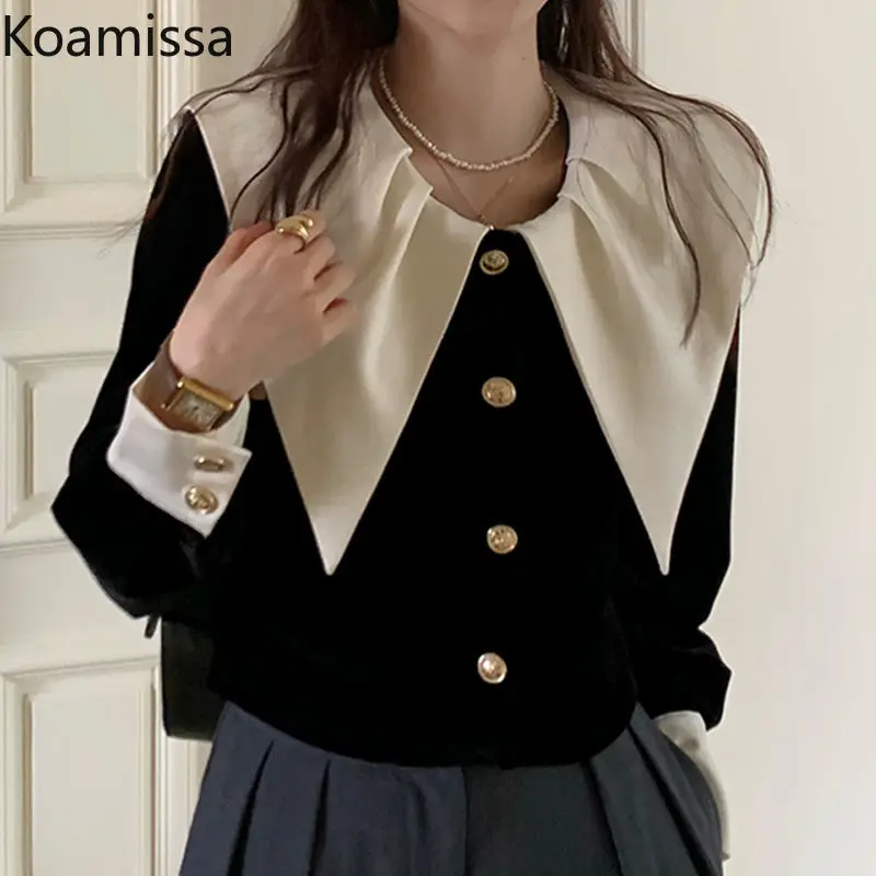 

Koamissa Retro Women Single Breasted Velvet Shirt Female Long Sleeves Sweet Peter Pan Collar Blouse Korean Chic Loose Blusas Top