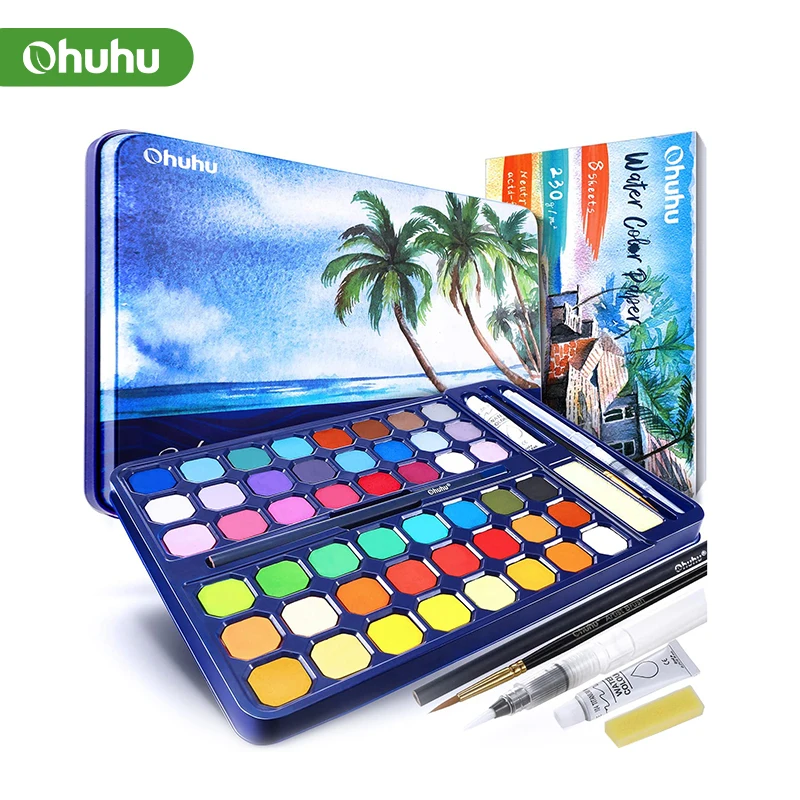 Ohuhu Solid Watercolor Paint Set Brush Pen Portable Professional Painting Pigment for Drawing Colors Palette School Art Supplies superior 16grid sealed moisturizing paint tray folding palette pigment storage box for watercolor oil painting art supplies