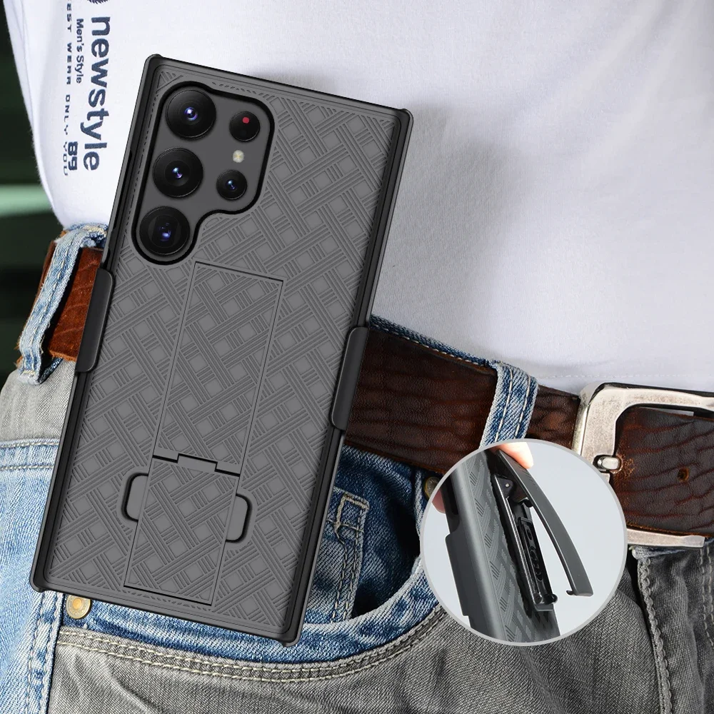 Woven 2-in-1 Hybrid Hard Shell Kickstand Holster Case with Belt Clip