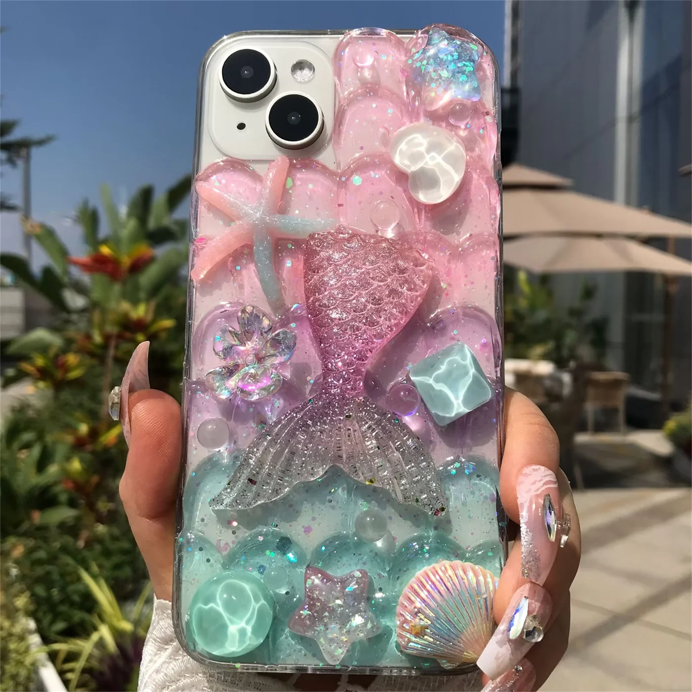 Handmade Mermaid Ripple Stone Flower Dolphin Starfish Soft TPU Acrylic Dustproof Phone Case
