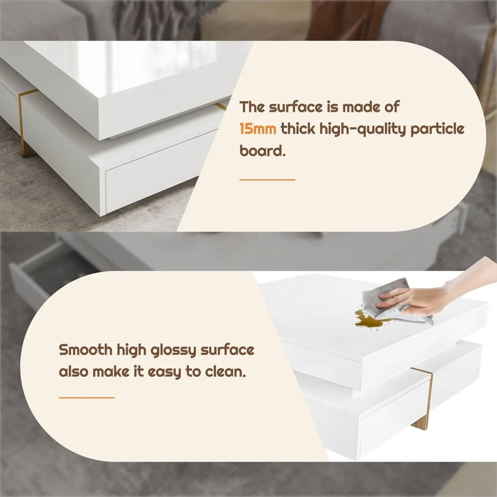 Modern Coffee Table with Storage, Contemporary Square Coffee Table with Drawers, High Gloss Modern Center Table for Living Room 5