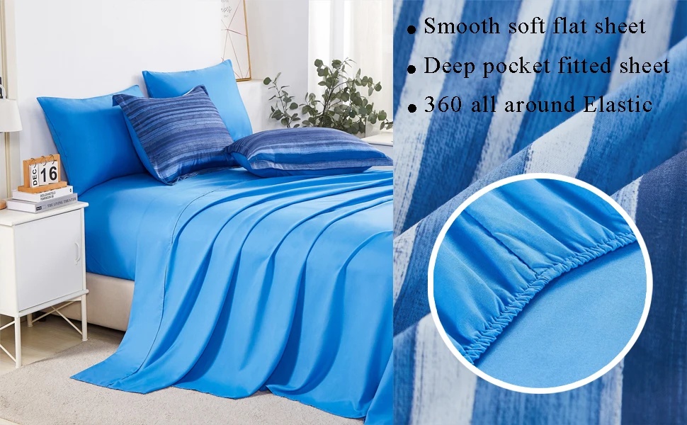 7 Piece Blue Ombre Stripe Bedding Sets with Flat Sheet, Fitted Sheet,Pillow Cases and Pillow Shams