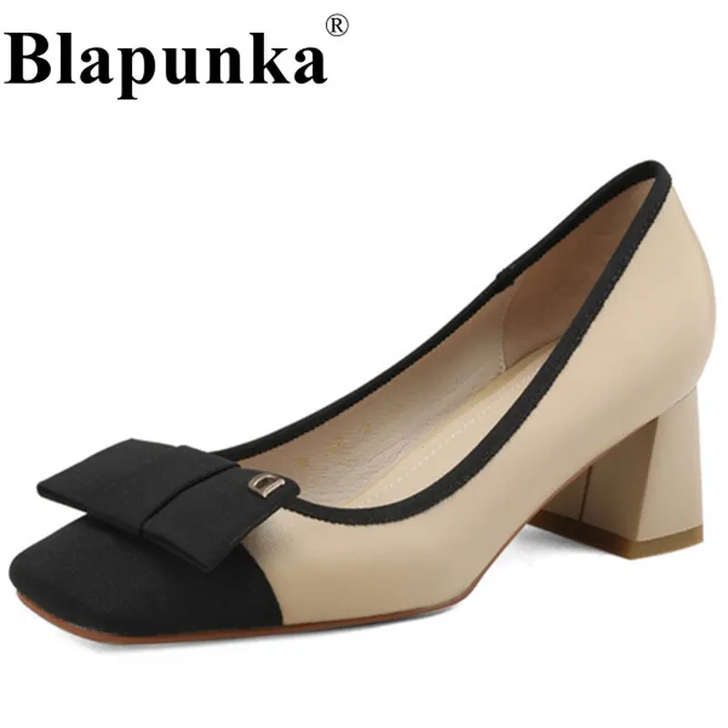 

Blapunka Ins Genuine Sheep Leather Shoes Women Medium Block Heels Shoe Ladies Big Bow Mix-color Shallow Slip-on Pumps Nude Black