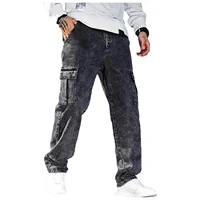 Jean ample en denim pour homme, taille haute, coupe droite, noir/gris, grandes poches, style urbain, grande taille, pantalon long, automne-hiver 6