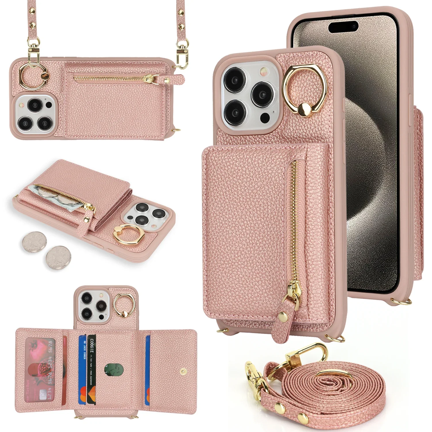 Elegant Crossbody Leather Wallet Case with Ring Holder and Zippered Card Pocket