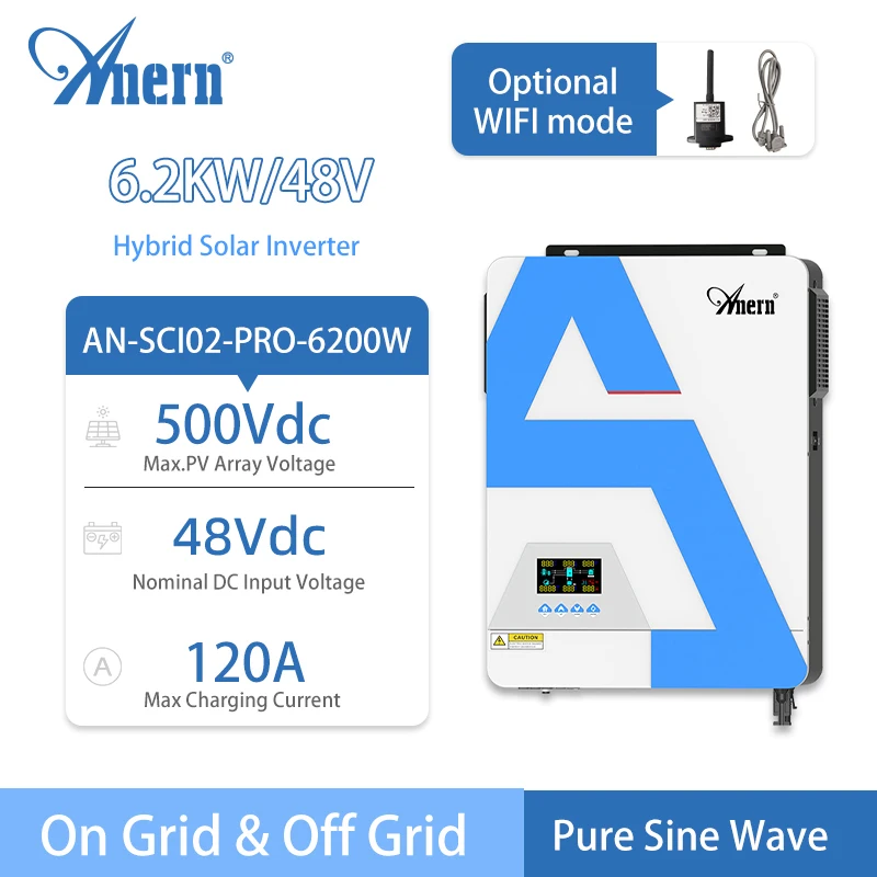 Anern 6200W 3600W Inverter Solare Ibrido Mppt 24V 48V 220Vac Max Pv 500Vdc On Grid Off Grid Tie Inverter Onda Sinusoidale Pura