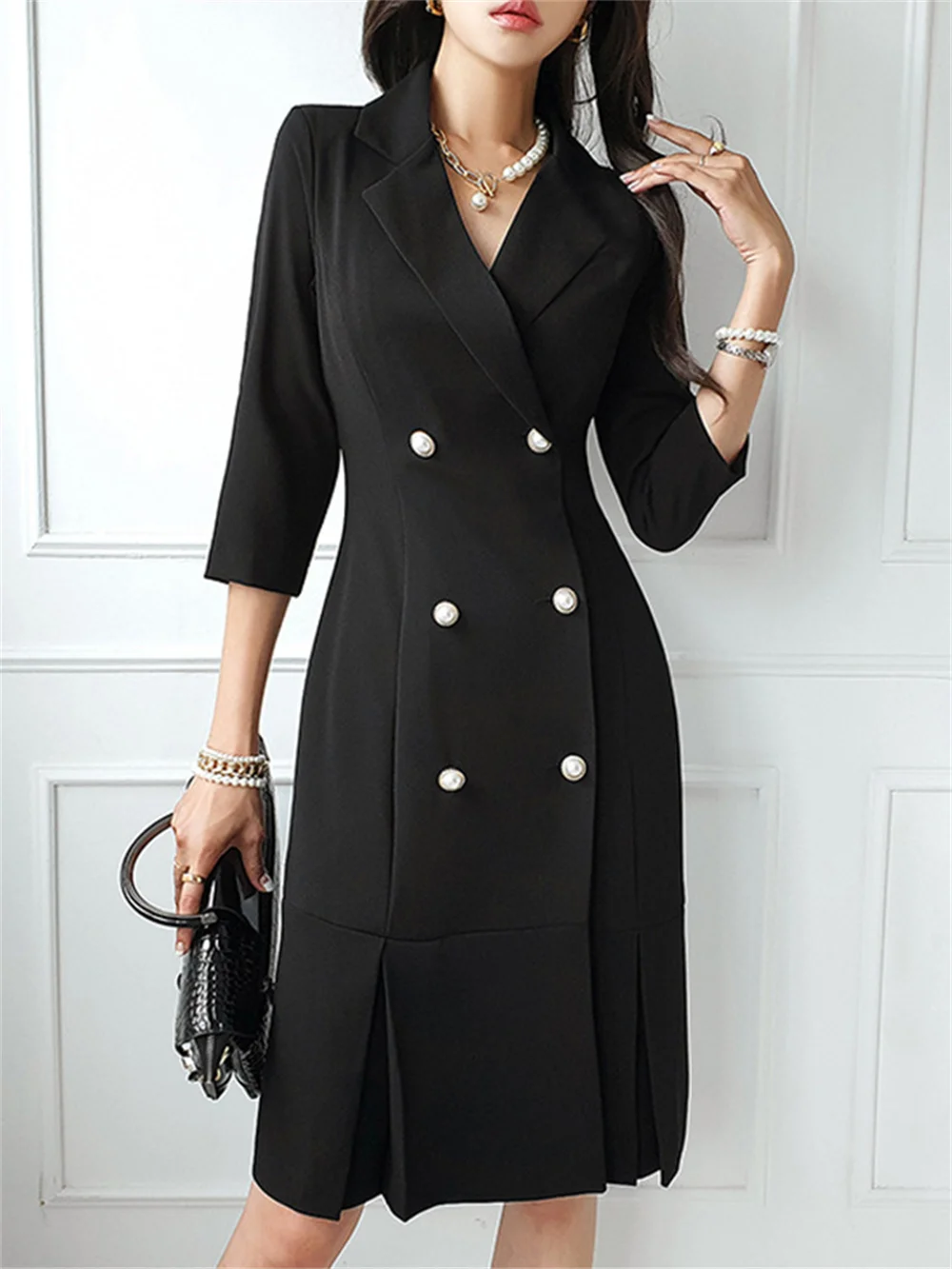 

Black Women Dress Office Ladies 2023 New in Notched Neck Slim Midi Party Street Clothes Elegant Commute Blazer Formal Dresses