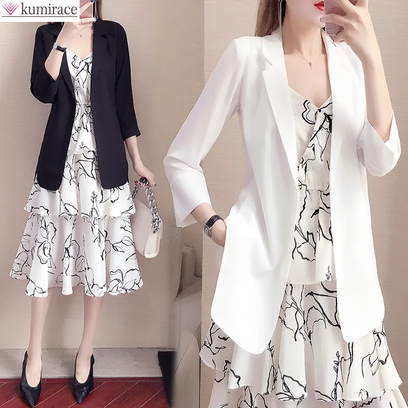 Korean Pop Temperament Elegant Woman Coat Chiffon Dress Suit Fashion Waste Their Work Two-piece Suit Suits Sundress prints and their makers