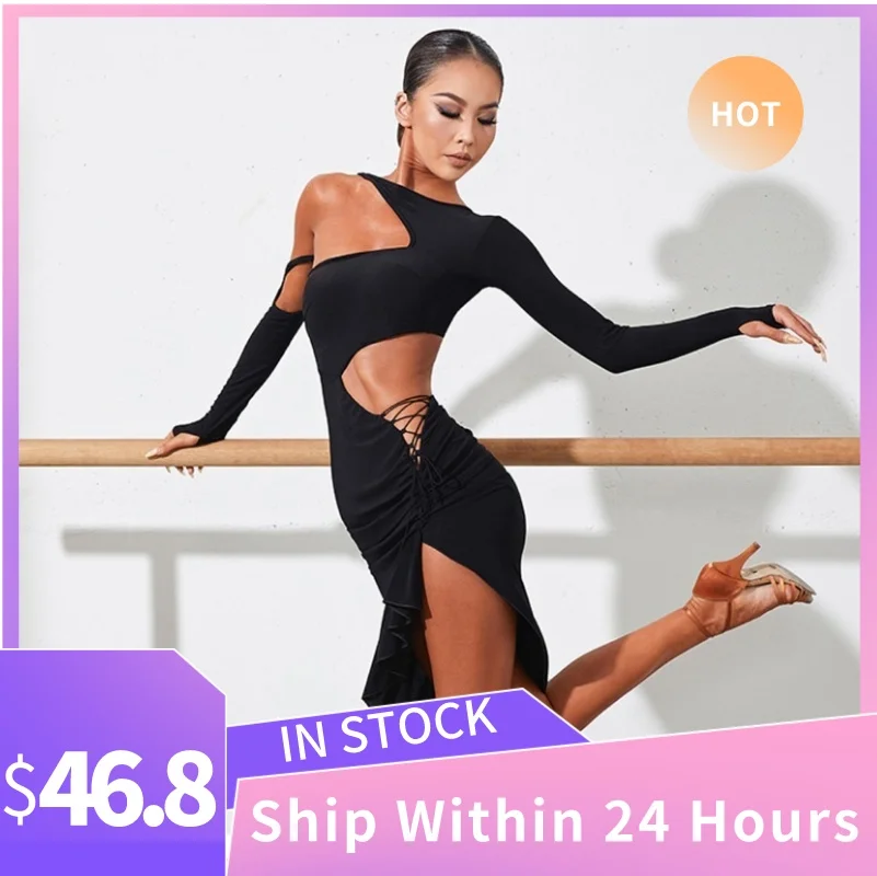 

ZYM Sexy Large Halter Cross-Tie Latin Dance Dress For Women Long Sleeved Slit Latin Dress Skirts Ballroom Performance Wear 5745