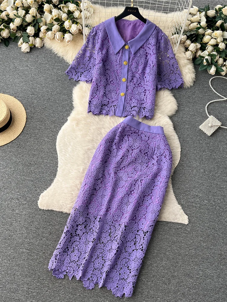 

Женский Винтажный кружевной костюм, комплект из двух предметов, однобортный Топ с отложным воротником и юбка с высокой талией, красный/желтый/фиолетовый/черный, лето