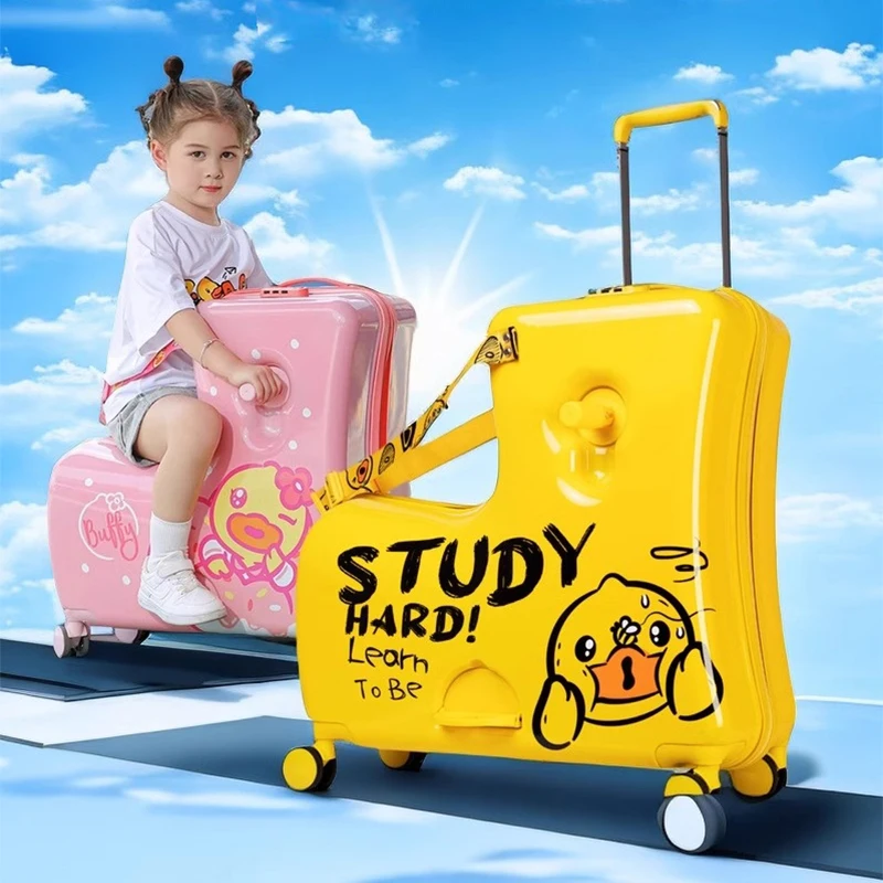 

Children's Trolley Box 20" 24" Can Sit and Ride Luggage Baby Silent Universal Wheel Suitcase Pull Chain Yellow Red Pink