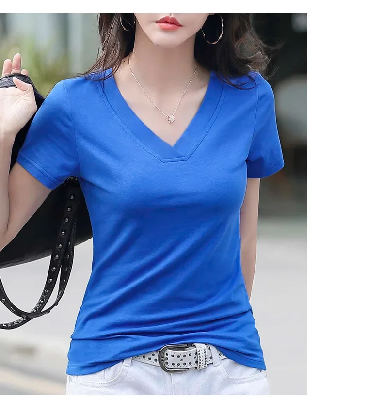 White V-neck Sleeved T-shirt for Women's Summer Wear 2024 New Korean Version Loose Half Sleeved T-shirt Short Upper Garment