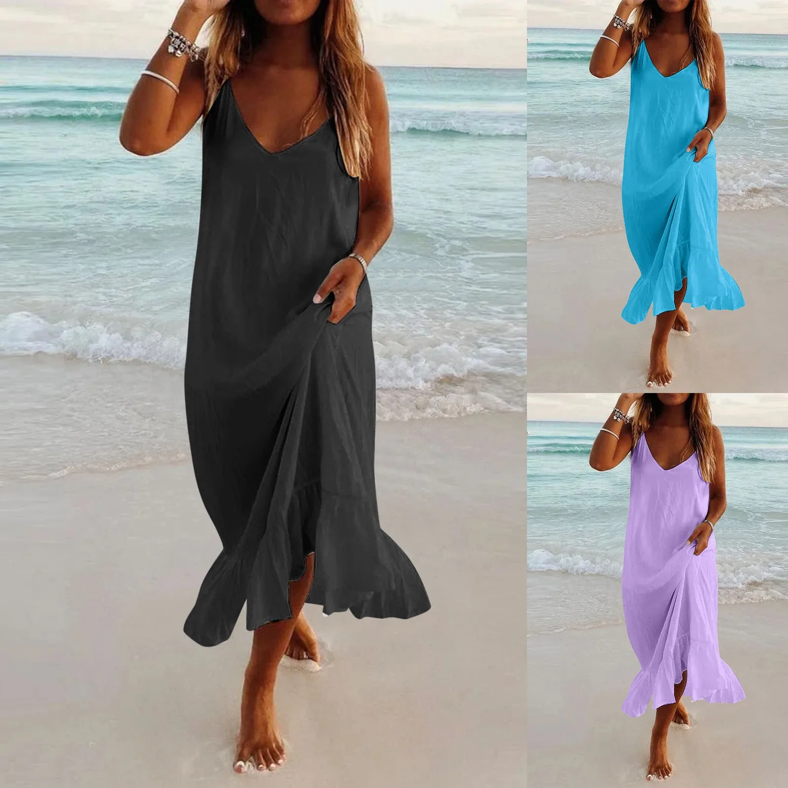 

2024 Summer New Pure Color Sundress Sexy V Neck A Beach Dress Spaghetti Strap Line Maxi Sleeveless Solid Camis Women Dress