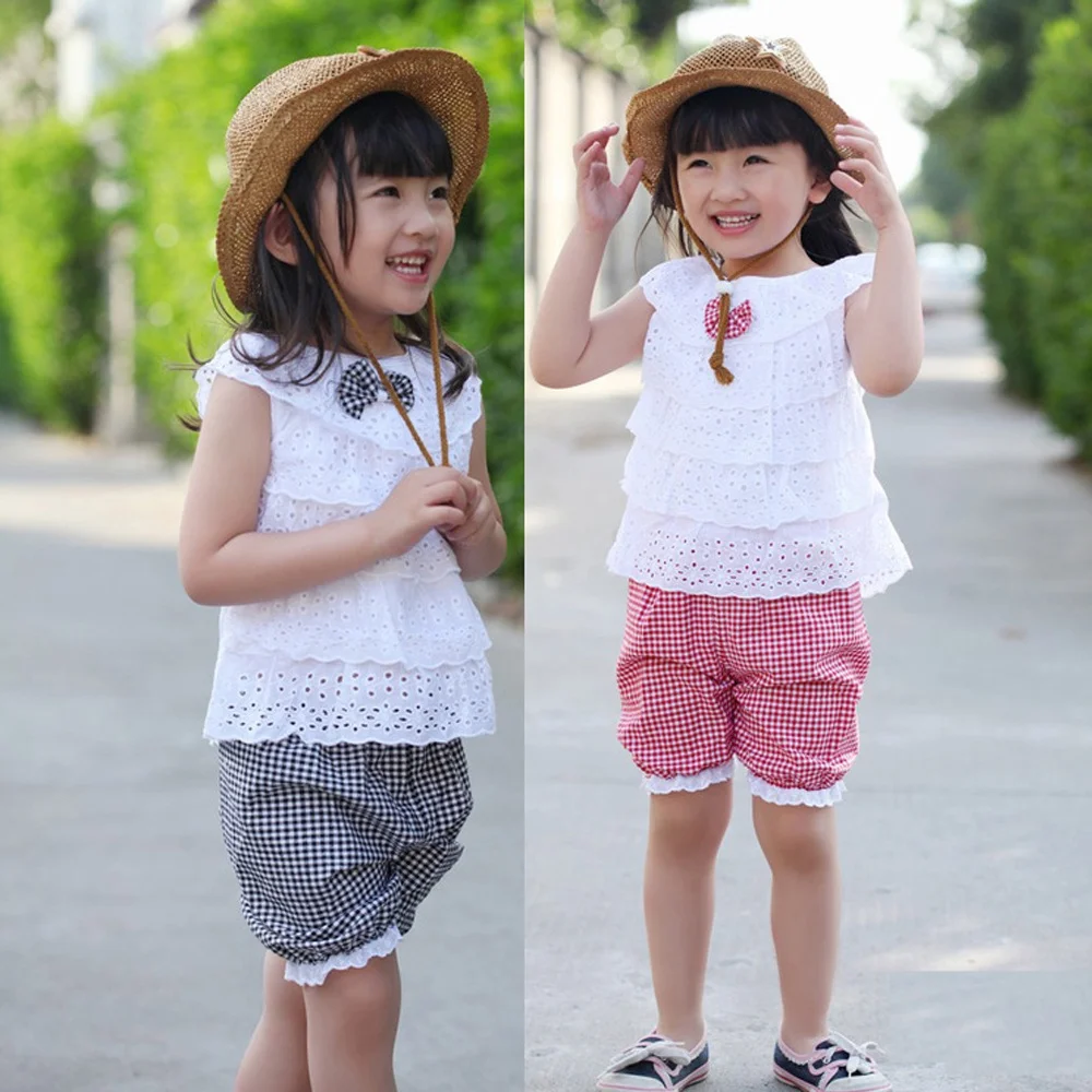 Summer children's clothing set girls plaid printed pants layered lace princess sleeveless shirt two pieces