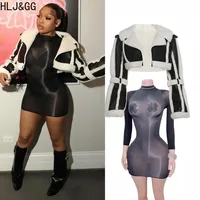 HLJ&GG Sexy Mesh See Through Bodycon Dresses Women Solid Color Fur Leather Patchwork Jacket + Dress Female Streetwear Clothing