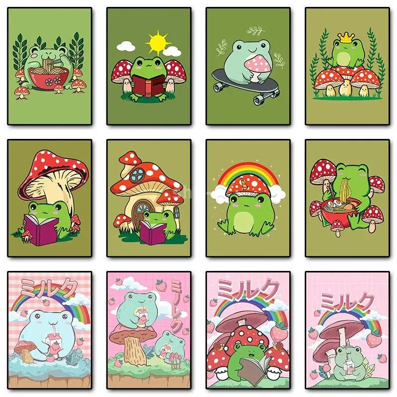

Кавайные Мультяшные лягушки, грибы, холст, принты, детская Настенная картина для детской комнаты, домашний декор