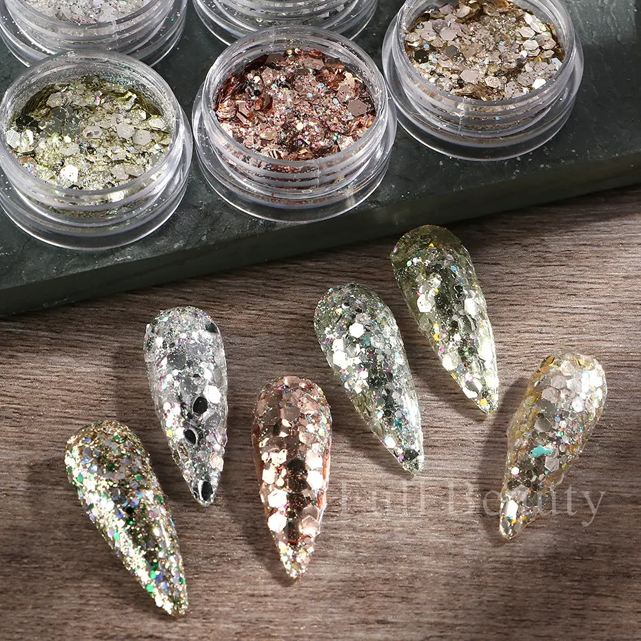 6pcs Champagne Rose Nail Glitter Flakes Mixed Hexagon Sequins Powder Fall Winter Mermaid Paillette Nail Decorations LA1539-52 nail powder nail glitter nail decoration nail decorations nail flakes