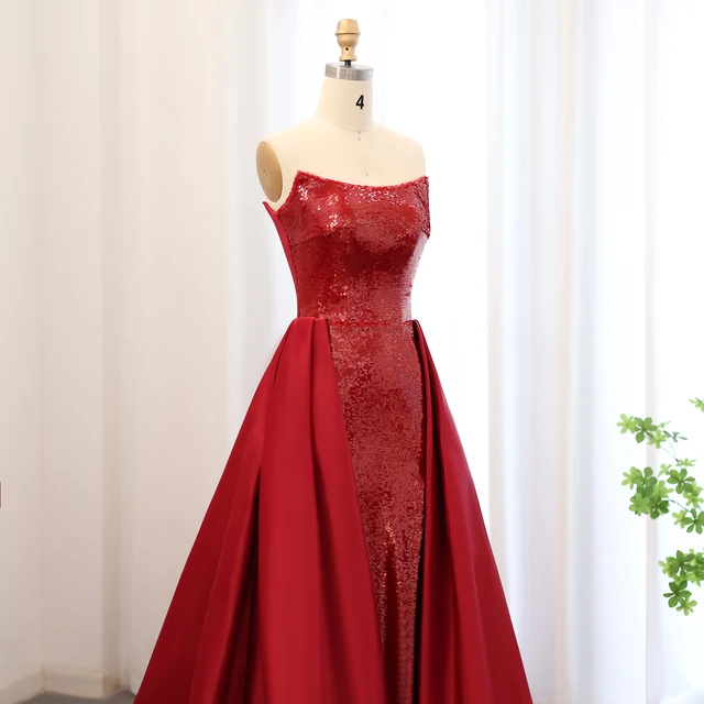 Sparkly Sequin Wine Red Mermaid Evening Dresses with Overskirt 2024 Elegant Women Wedding Gala Party Gowns 513 3